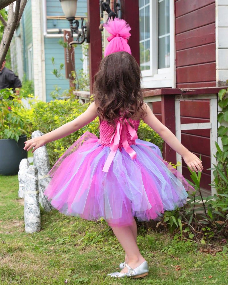 TYHTYM Trolls Costumes Little Girls Princess Poppy Cosplay Birthday Halloween Toddler Kids Baby Tutu Dresses with Headband Rose Red - Image 5